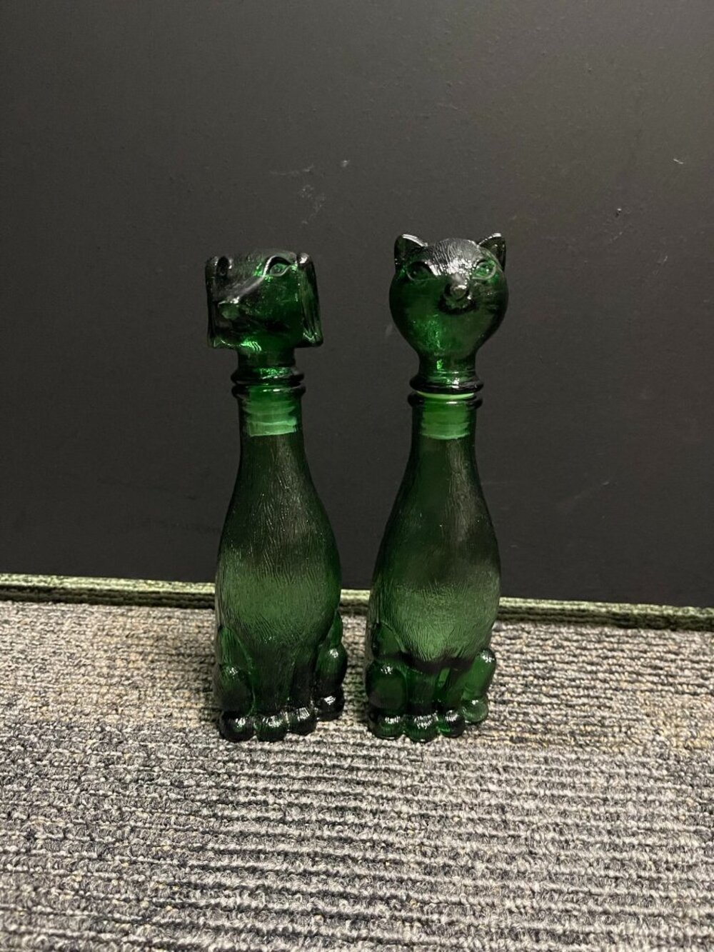 Mid-Century Empoli Emerald Glass Dog & Cat Decanter Set